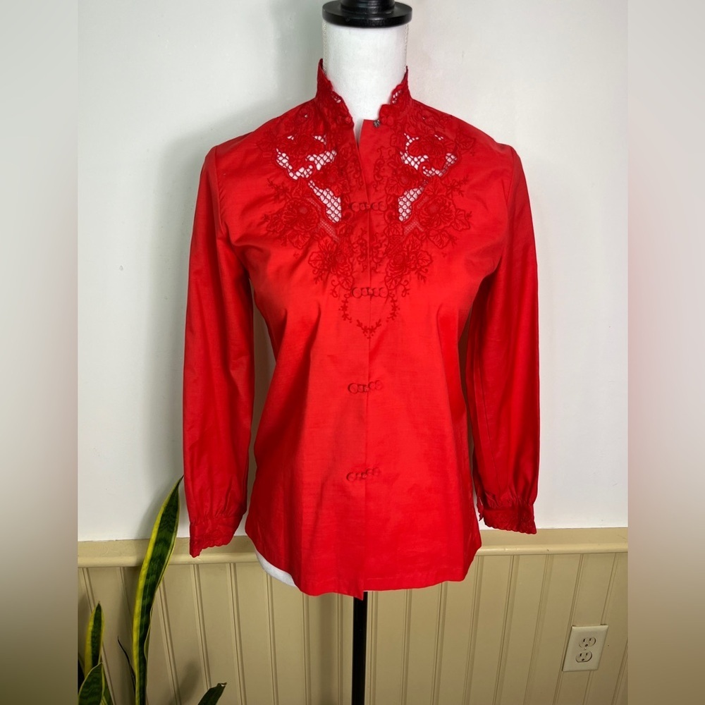 Vintage Daffodil Red Embroidered Blouse S Artsy Lace Button Top China Style Rare